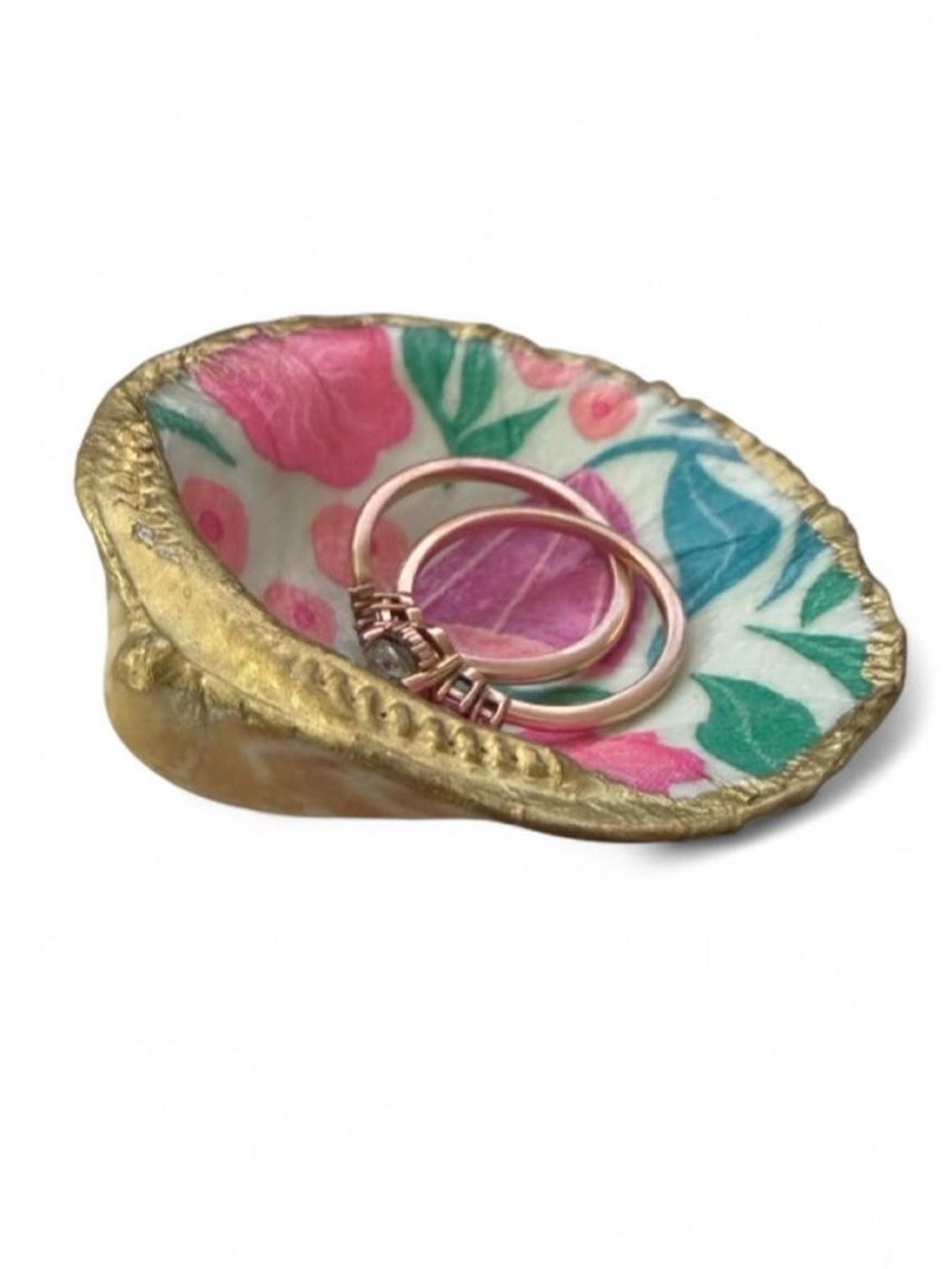 Shell Ring Dish with Gold Rim - Pink & Green